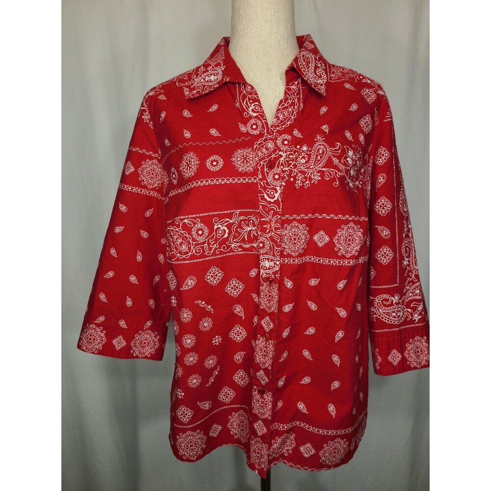 Allison Daley Petite Womens 3/4 Sleeves Top Light Jacket Red Print Size XL A167